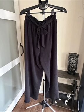 Wide-Leg Black Tie-Waist Pants